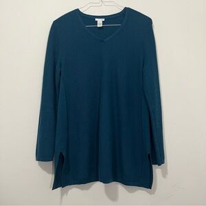 J. Jill Teal Oversized V-Neck Wool Silk Blend Tunic Sweater Sz M Long Sleeve